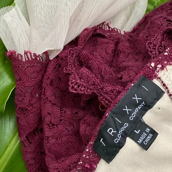 TRIXXI Clothing Company Burgundy Wine Lace Dress. 3/4 sleeves , Juniors Large - Picture 3 of 8